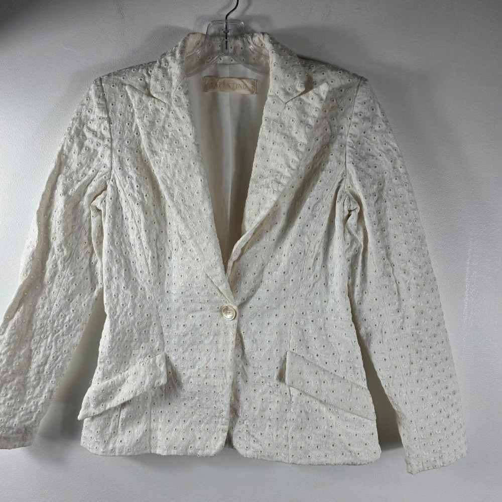 VALENTINO Vtg White Eyelet Embroidered Blazer Jacket Button Front Lapel Collar